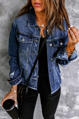Blue Lapel Distressed Raw Hem Buttons Denim Jacket Denim Jackets JT's Designer Fashion
