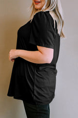 Black Plus Size Square Neck Ruched Shoulder Short Sleeve Top Plus Size Tops JT's Designer Fashion