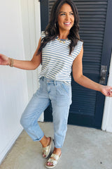 Beau Blue High Rise Barrel Relaxed Patch Pocket Jeans Jeans JT's Designer Fashion