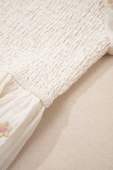 Beige Embroidered Flower Smocked Bust Half Puff Sleeve Empire Waist Textured Flowy Dress Mini Dresses JT's Designer Fashion
