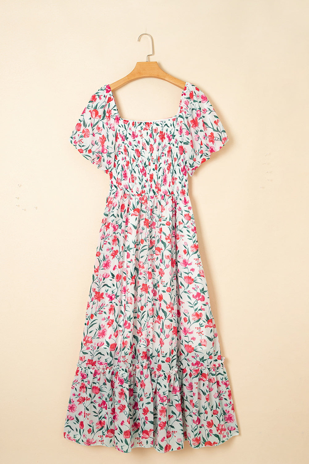 Pink Floral Puff Sleeve Square Neck Empire Waist Tiered Maxi Dress Floral Dresses JT's Designer Fashion