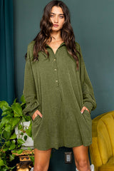 Moss Green Corded Buttons Placket Drop Shoulder Collared Shift Dress Mini Dresses JT's Designer Fashion