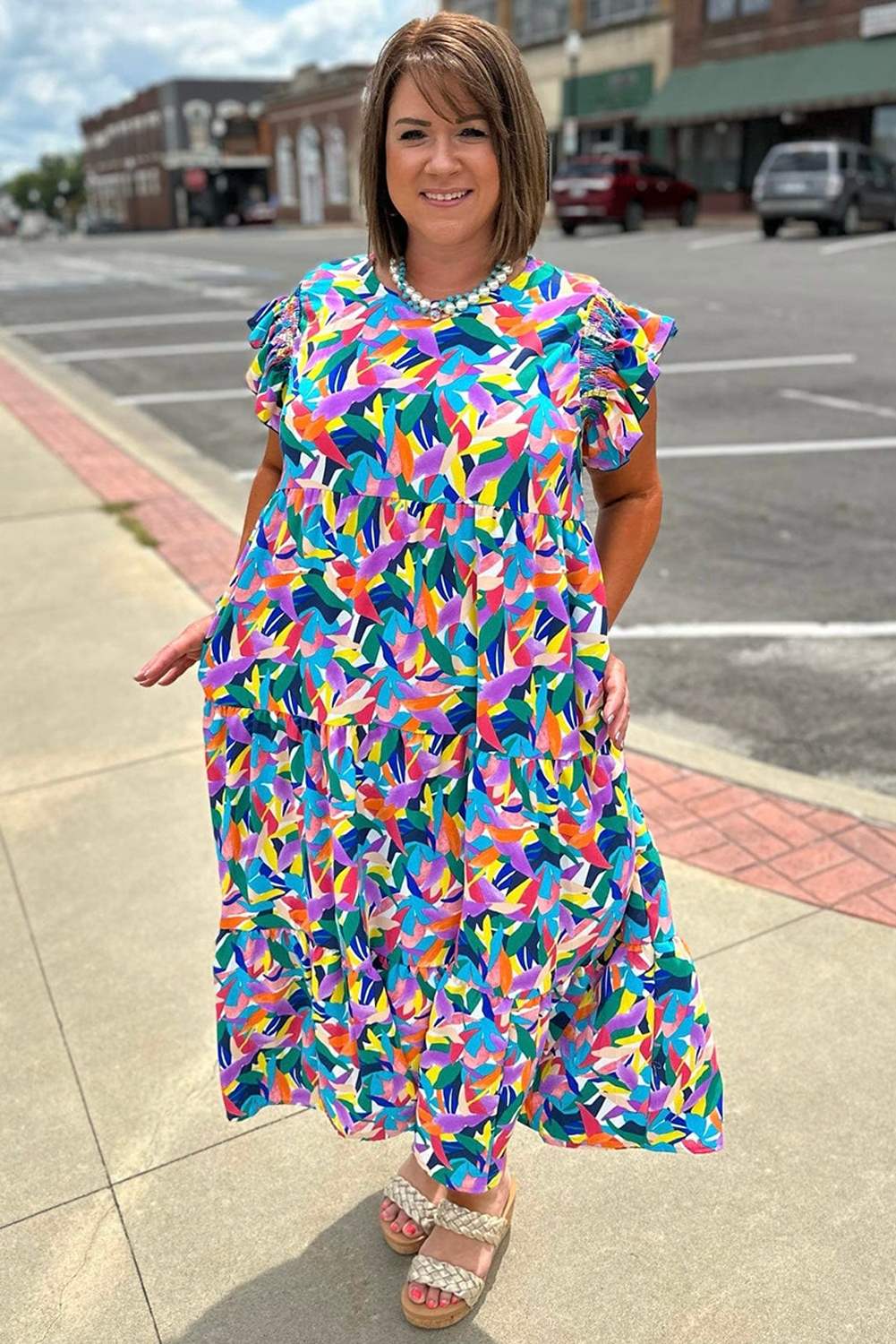 Blue Geometric Print Ruffled Short Sleeve Plus Size Tiered Maxi Dress Plus Size Maxi Dresses JT's Designer Fashion