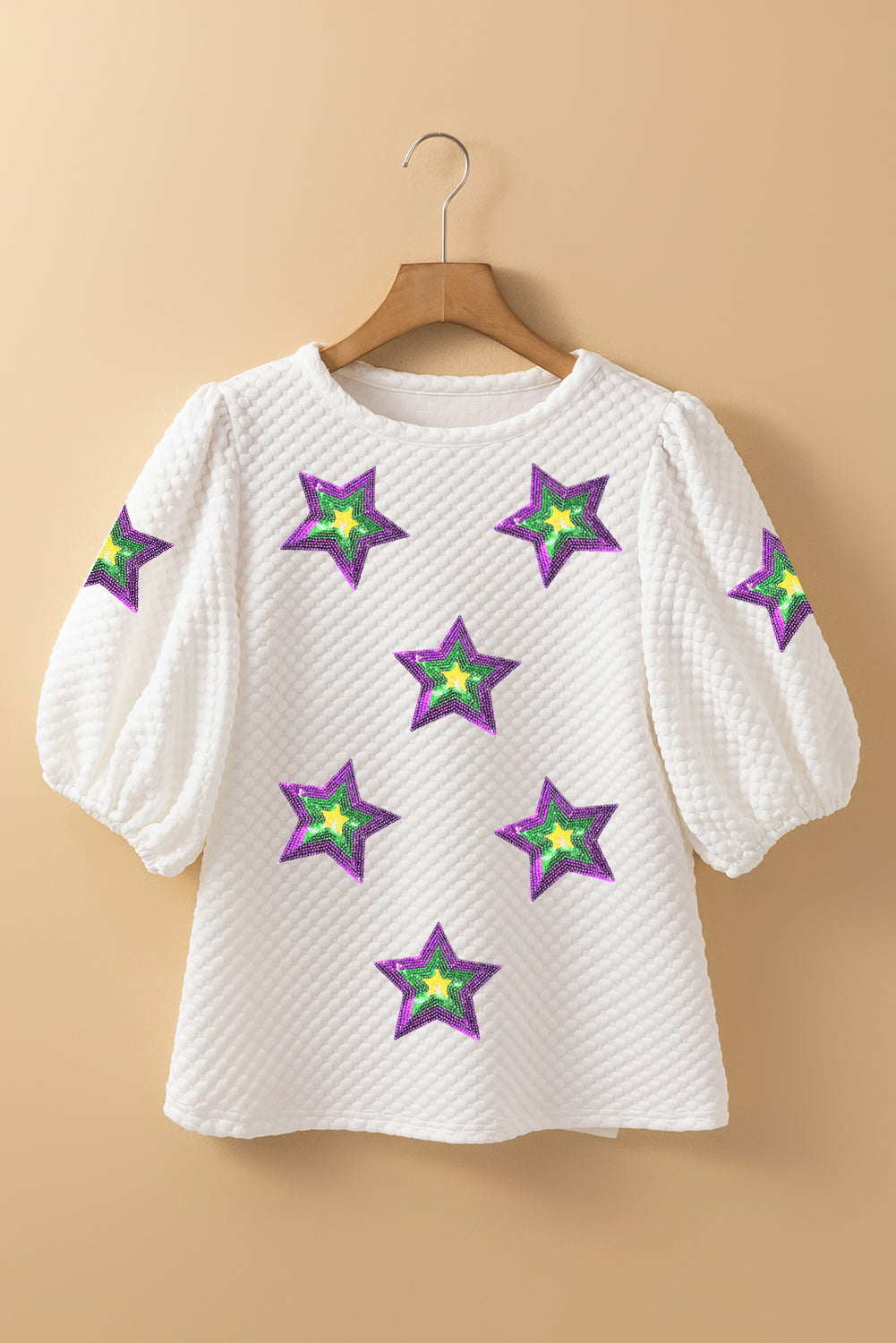 White Textured Sequin Mardi Gras Star Graphic Puff Sleeve Blouse Graphic Tees JT's Designer Fashion