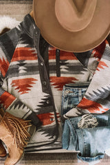 Gray Western Aztec Snap Buttoned Fleece Jacket Jackets JT's Designer Fashion
