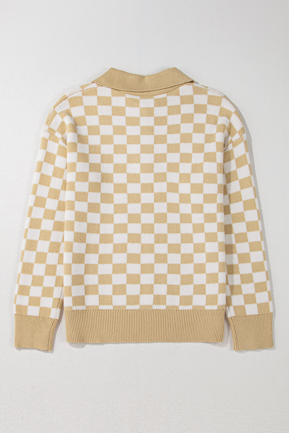 Apricot Checkered Buttons Collar V Neck Drop Shoulder Sweater Sweaters JT's Designer Fashion