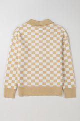 Apricot Checkered Buttons Collar V Neck Drop Shoulder Sweater Sweaters JT's Designer Fashion