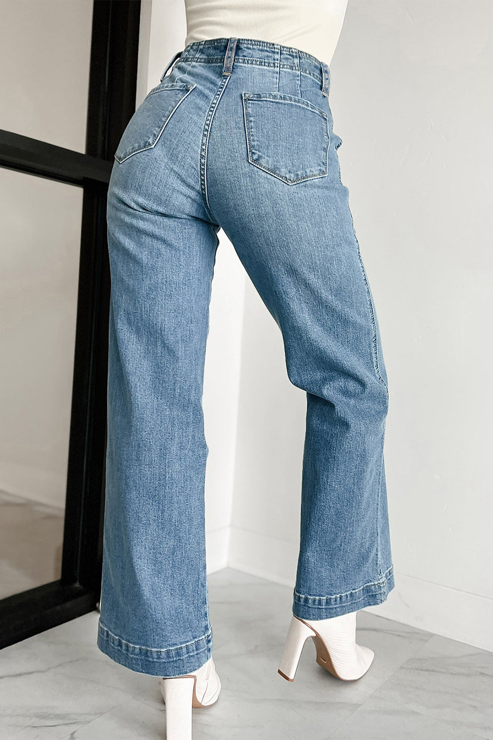 Dusk Blue Multi Buttons Medium Wash Straight Loose Leg Jeans Jeans JT's Designer Fashion