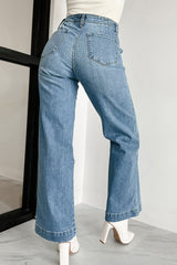 Dusk Blue Multi Buttons Medium Wash Straight Loose Leg Jeans Jeans JT's Designer Fashion