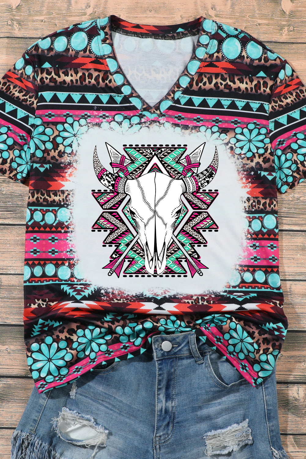 Green Western Aztec Turquoise Leopard Print V Neck Tee Graphic Tees JT's Designer Fashion
