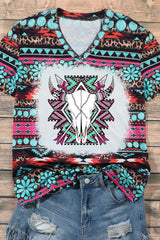 Green Western Aztec Turquoise Leopard Print V Neck Tee Graphic Tees JT's Designer Fashion