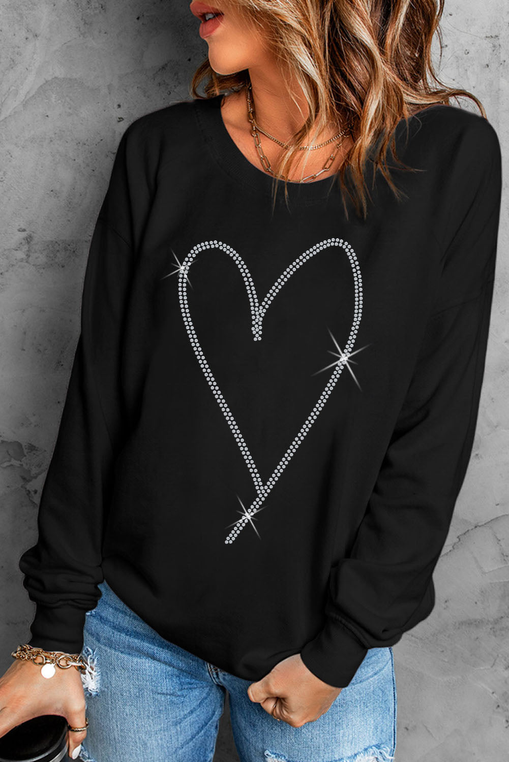 Black Rhinestone Heart Pattern Valentines Fashion Sweatshirt Graphic Sweatshirts JT's Designer Fashion