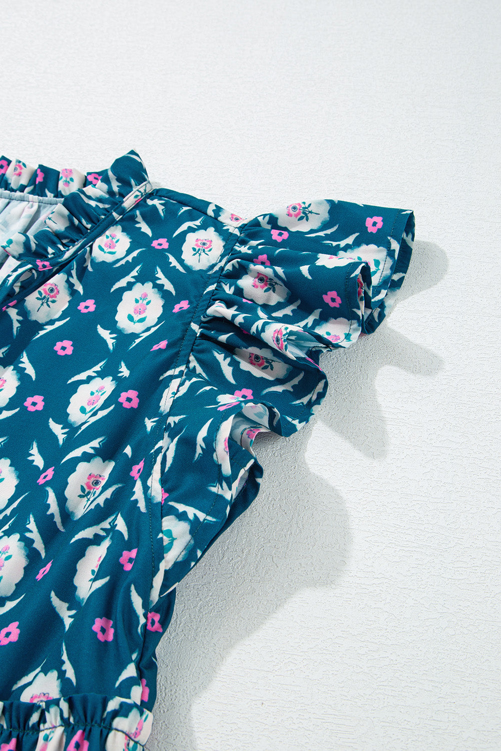 Blue Retro Floral Print Split Neck Ruffle Short Sleeve Dress Floral Dresses JT's Designer Fashion