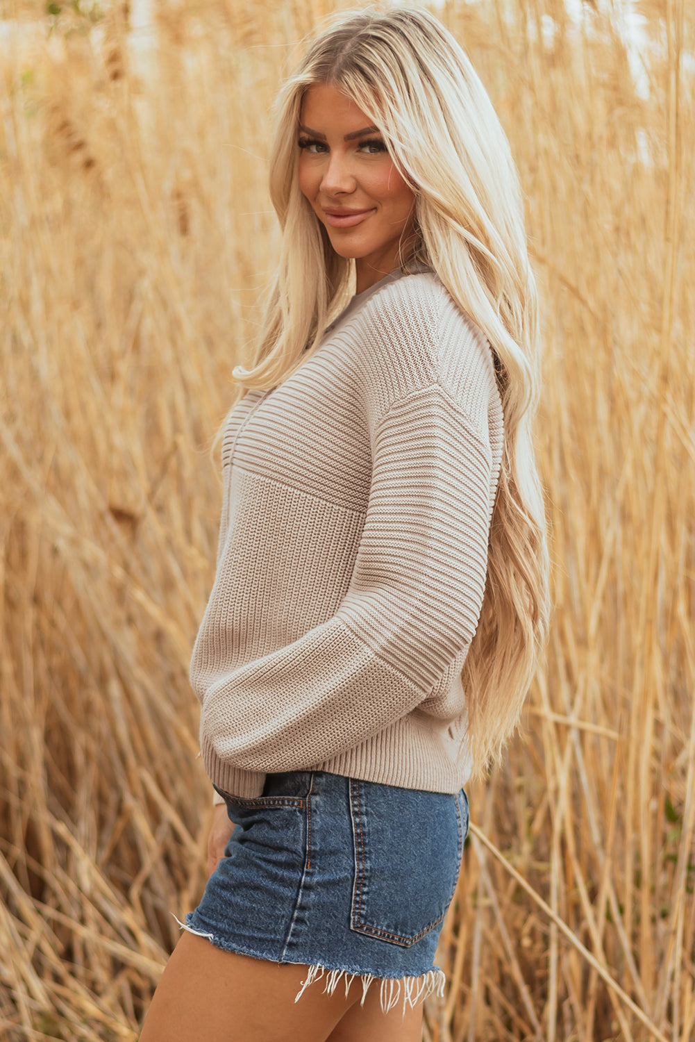 Parchment Mixed Texture Patchwork Knitted Puff Sleeve Sweater Sweaters JT's Designer Fashion