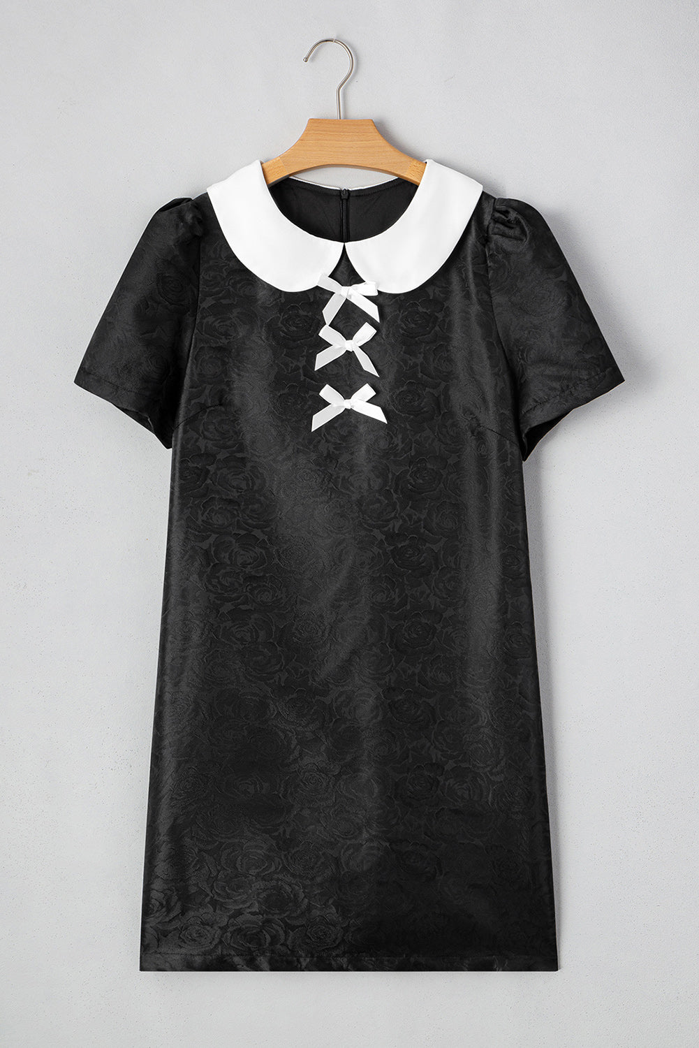 Black Floral Embossed Puff Sleeve Colorblock Bow Collared Mini Dress Mini Dresses JT's Designer Fashion