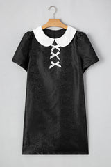 Black Floral Embossed Puff Sleeve Colorblock Bow Collared Mini Dress Mini Dresses JT's Designer Fashion