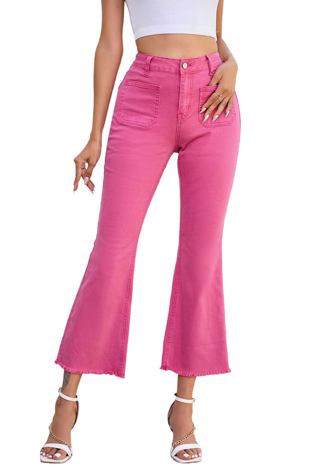 Pink Ankle-length Flare Leg Raw Hem Jeans Jeans JT's Designer Fashion