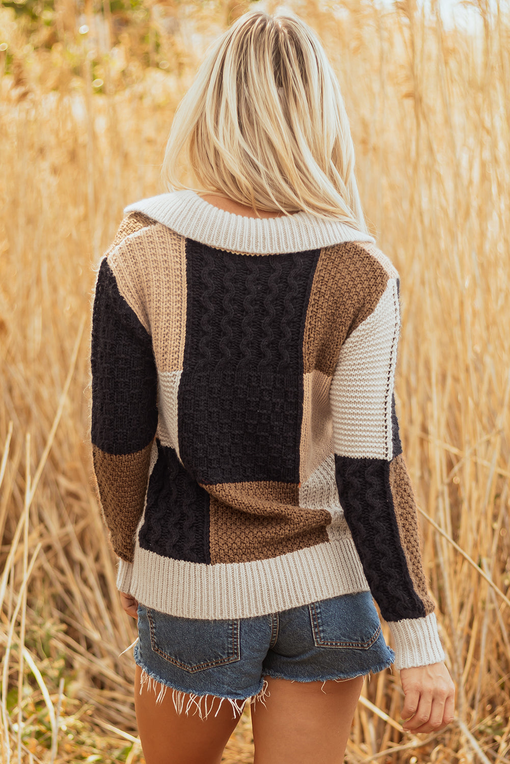 Multicolour Color Block Cable Knit Sleeve Buttons Collared Sweater Sweaters JT's Designer Fashion