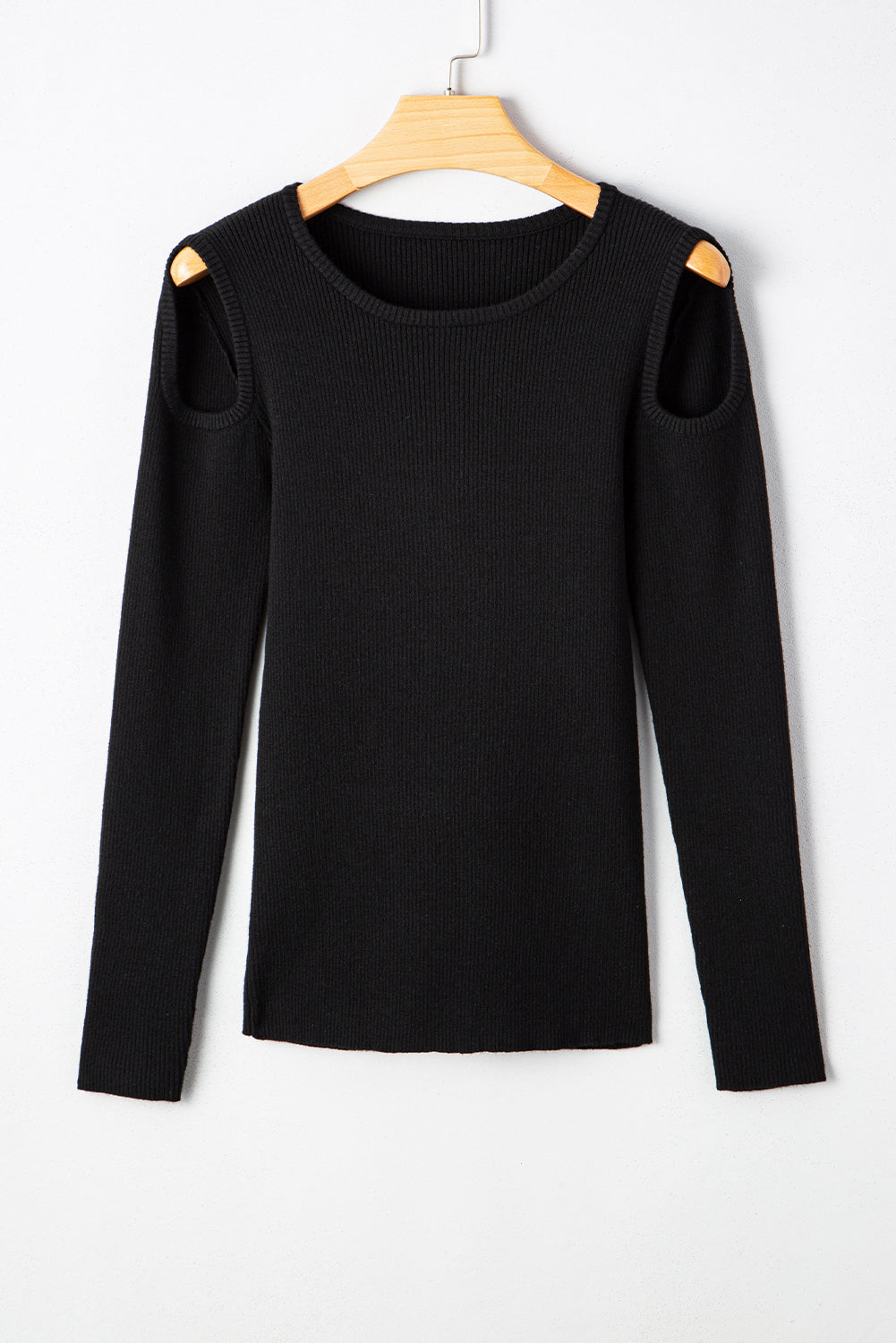 Black Ribbed Knit Cold Shoulder Sweater Sweaters JT's Designer Fashion