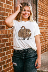 White Hello Fall Leopard Pumpkin Graphic T Shirt Graphic Tees JT's Designer Fashion