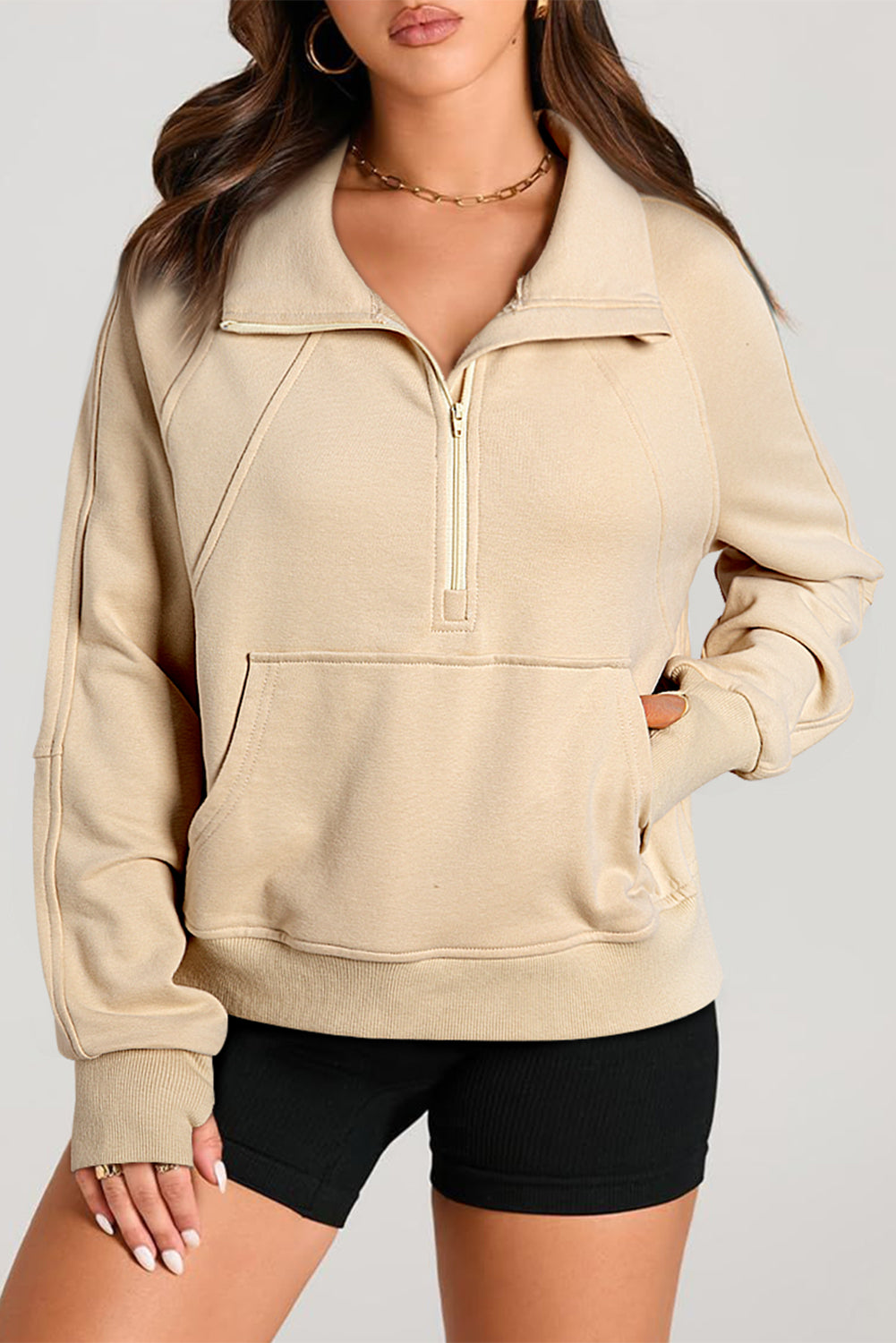 Parchment Quarter Zip Stand Neck Kangaroo Pocket Sweatshirt Sweatshirts & Hoodies JT's Designer Fashion