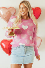 Pink Pearled Heart Print Valentines Crew Neck Sweater Sweaters JT's Designer Fashion