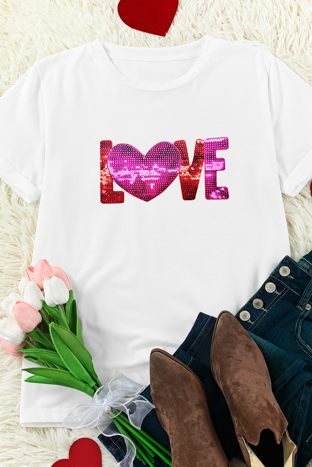 White Heart LOVE Patched Pattern Crewneck Valentines T Shirt Graphic Tees JT's Designer Fashion
