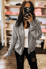 Gray Waffle Splicing Zip Up Front Button Hooded Jacket Jackets JT's Designer Fashion