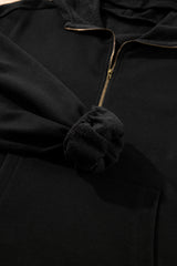 Black Fleece Lined Half Zipper Kangaroo Pockets Loose Hoodie Sweatshirts & Hoodies JT's Designer Fashion