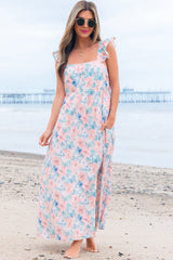 Pink Floral Print Square Neck Backless Long Dress with Slit Pink 100%Polyester Maxi Dresses JT's Designer Fashion