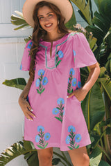 Rose Floral Short Sleeve Split Neck Loose Mini Dress Rose 100%Polyester Floral Dresses JT's Designer Fashion