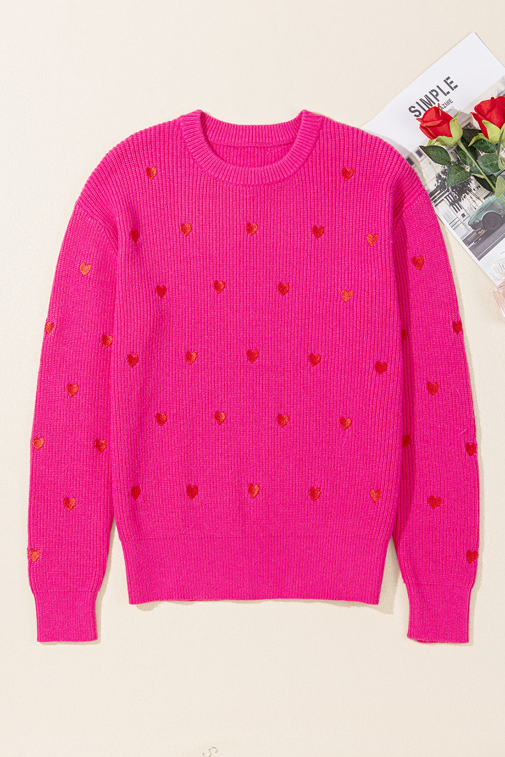 Rose Red Heart Shape Drop Shoulder Round Neck Sweater Sweaters JT's Designer Fashion