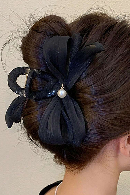 Black Pearl Decor Bow Large Claw Clip Headwear JT's Designer Fashion