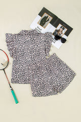 Brown Leopard Half Zipper Collared Ruffled Sleeve Top and Short Set Short Sets JT's Designer Fashion