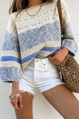 Light Blue Open Stitch Puff Sleeve Sweater Sweaters JT's Designer Fashion