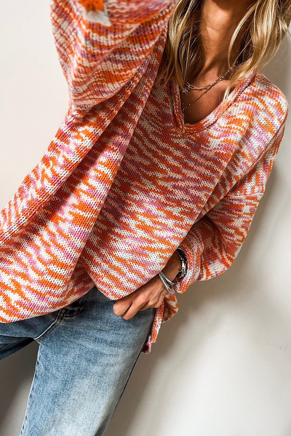 Orange Vibrant Abstract Print Drop Shoulder V Neck Tunic Oversized Sweater Sweaters JT's Designer Fashion