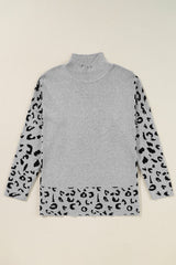 Gray Leopard High Neck Side Slit Oversized Sweater Sweaters JT's Designer Fashion