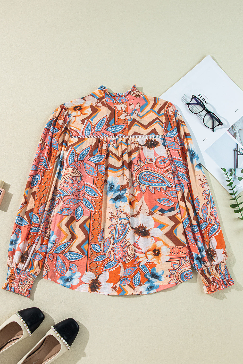 Orange Floral Print Shirred Cuff Buttoned Loose Shirt Blouses & Shirts JT's Designer Fashion