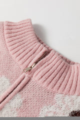 Pink Floral Pattern Half Zip Drop Shoulder Sweater Sweaters JT's Designer Fashion