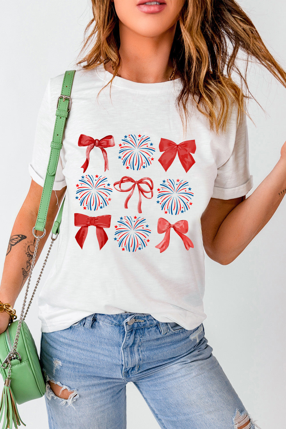 White July 4th Celerbration Bowknot Firework Graphic Tee Graphic Tees JT's Designer Fashion