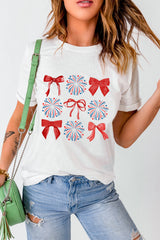 White July 4th Celerbration Bowknot Firework Graphic Tee Graphic Tees JT's Designer Fashion