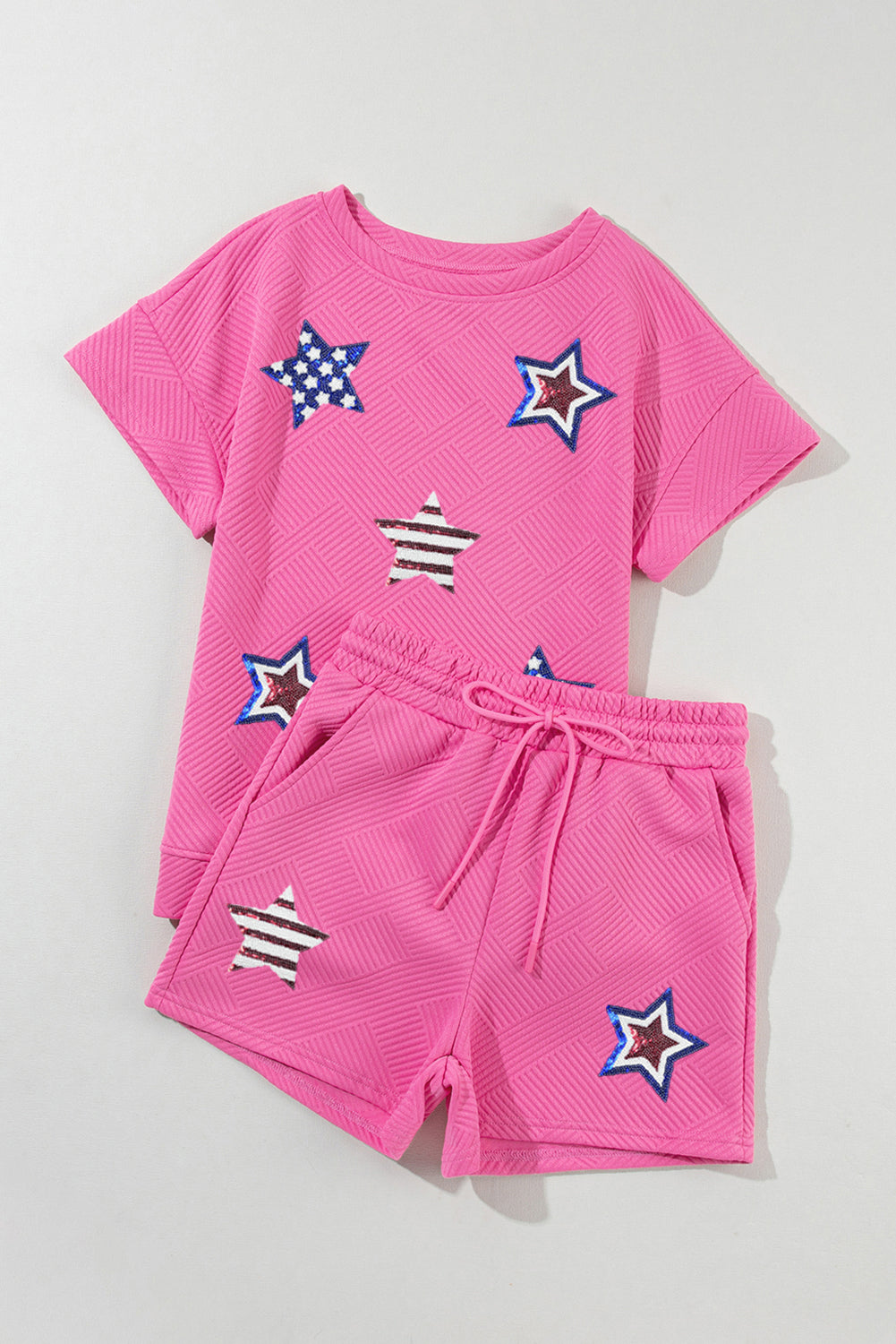 Strawberry Pink Solid Color Textured Sequined American Star Patched Short 2pcs Outfit Graphic Sets JT's Designer Fashion