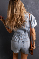 Light Blue Vintage Washed Buttons Pocketed Denim Romper Bottoms JT's Designer Fashion