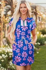Purple Floral Striped Quarter Zip Cap Sleeve Drawstring Waist Mini Dress Purple 95%Polyester+5%Elastane Floral Dresses JT's Designer Fashion
