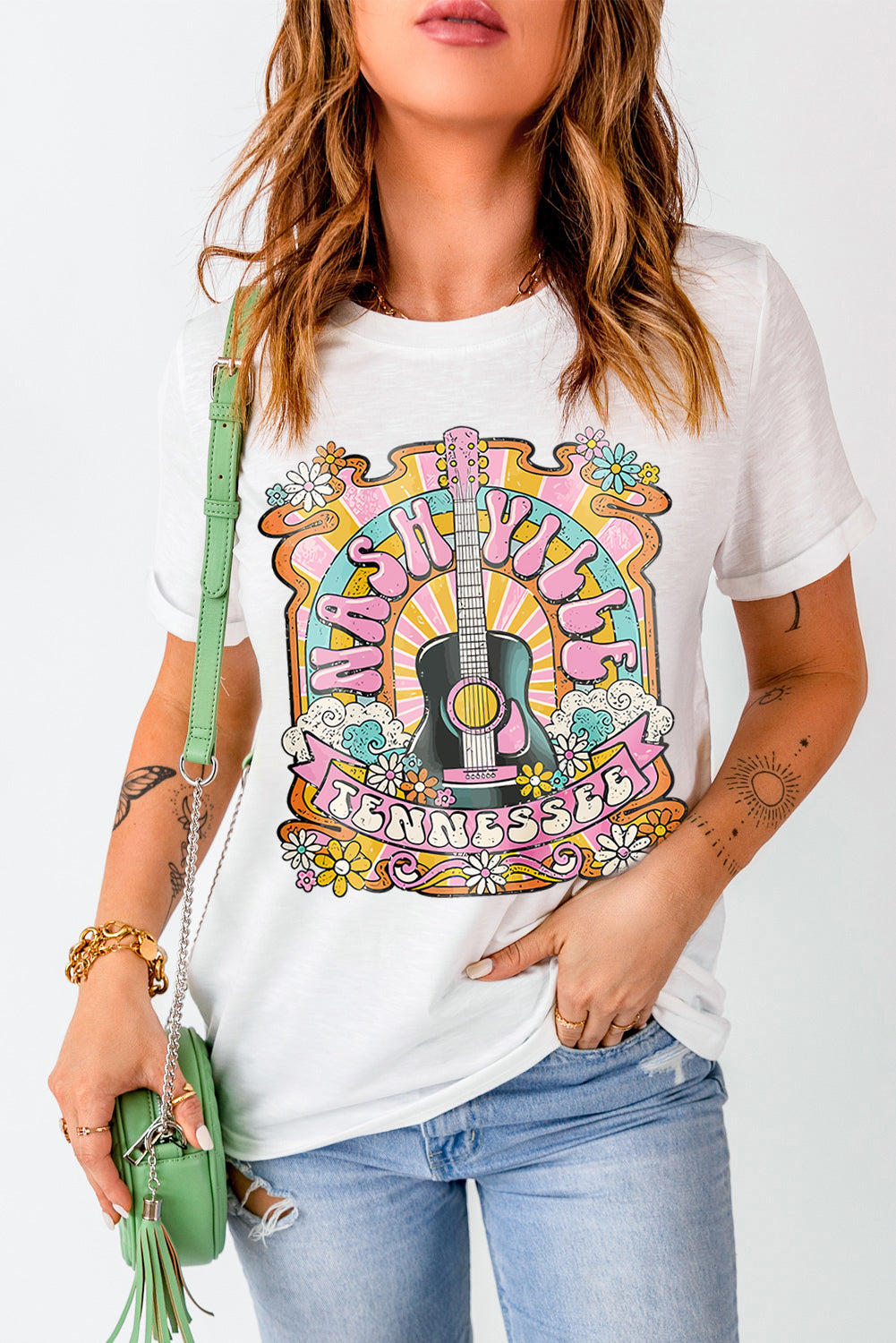 White NASHIVILLE Guitar Graphic Country Music T Shirt Graphic Tees JT's Designer Fashion