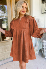 Cinnamon Bracelet Sleeve Split Neck Scallop Detail Pleated Corduroy Mini Dress Mini Dresses JT's Designer Fashion