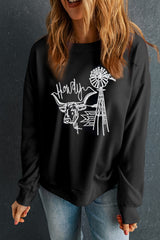 Black Embroidered Howdy Cow Western Graphic Crew Neck Sweatshirt Graphic Sweatshirts JT's Designer Fashion