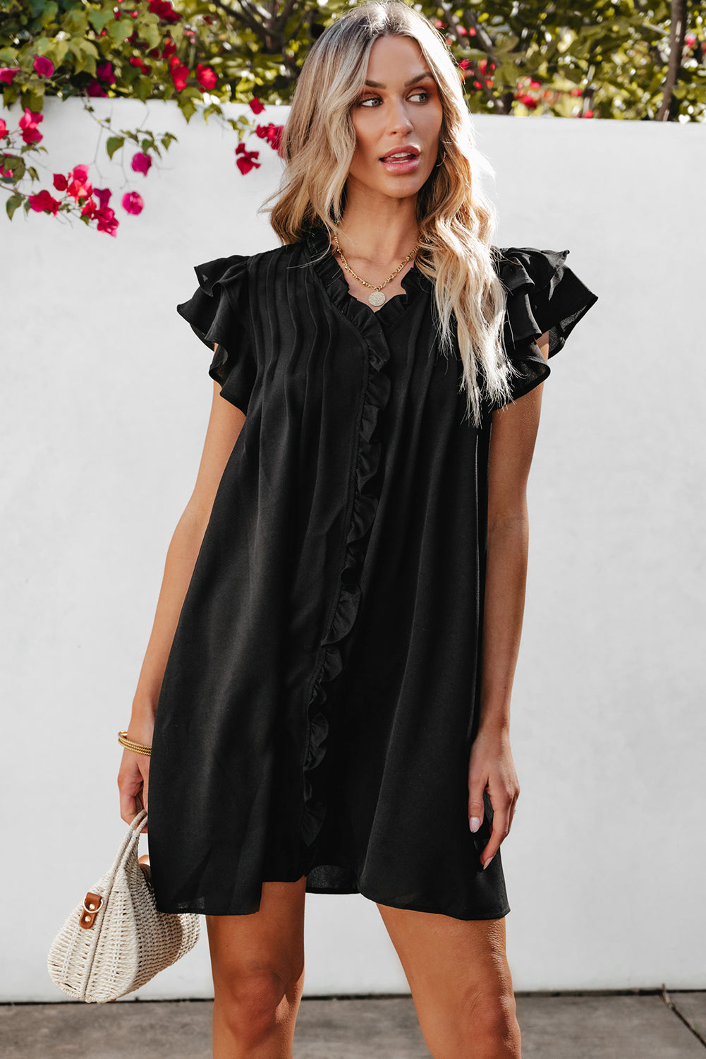 Black Ruffle Sleeve V Neck Frilled Shift Dress Mini Dresses JT's Designer Fashion