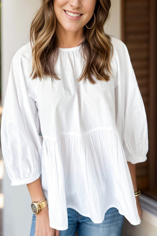Bow Round Neck Three-Quarter Sleeve Blouse White Blouses & Shirts JT's Designer Fashion