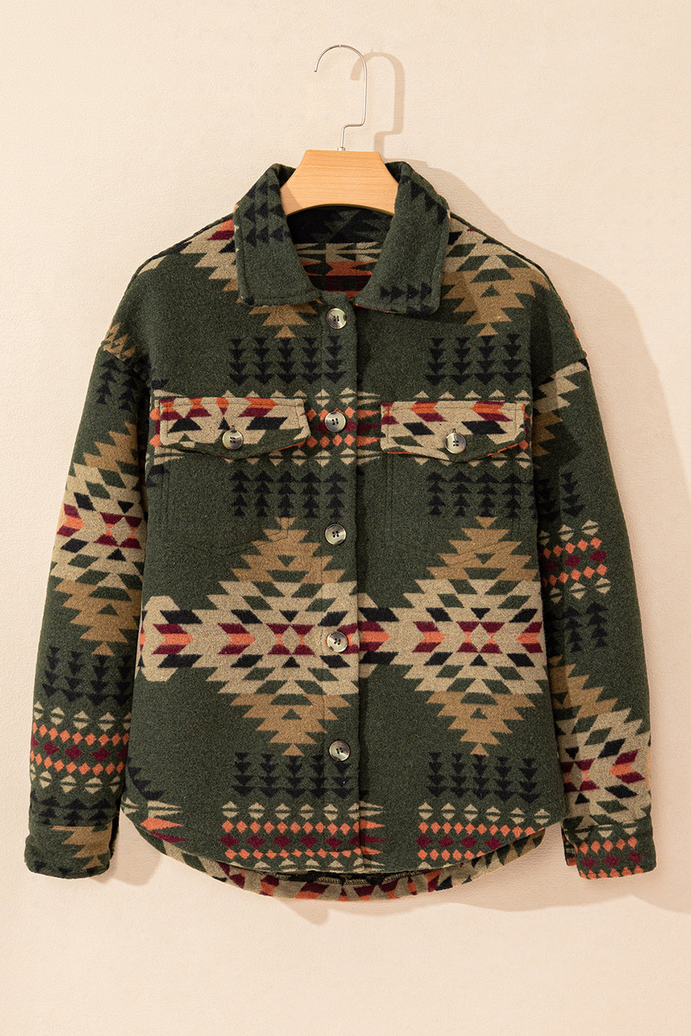 Green Aztec Print Flap Pockets Long Sleeve Shacket Jackets JT's Designer Fashion
